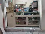 Shop counter and wooden racks