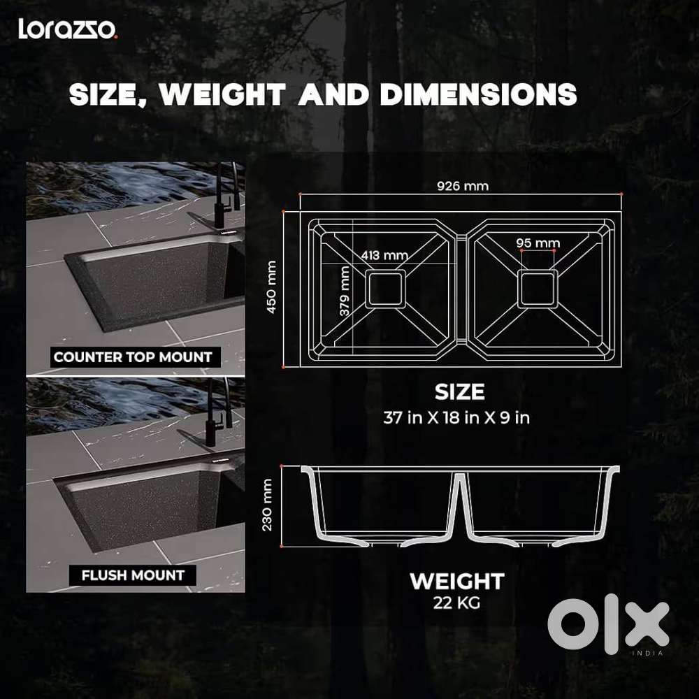 Lorazzo Quartz Kitchen Double Bowl Sink- Midnight Black-37*18