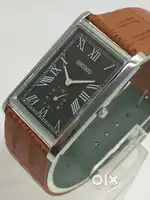 Seiko Tank Quartz Slim Side Second Black Dial With Tan Strap Watch