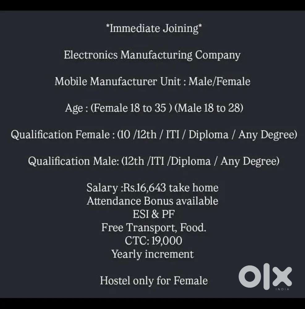 TATA ELECTONICS Hiring Male & Female Candidates