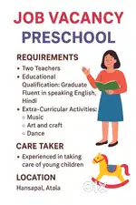 Female Pre School Teacher and care taker. Hansapal location DM me.