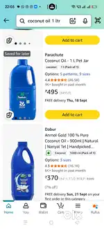 Parachute Coconut oil 1 liter at Rs 350 per piece