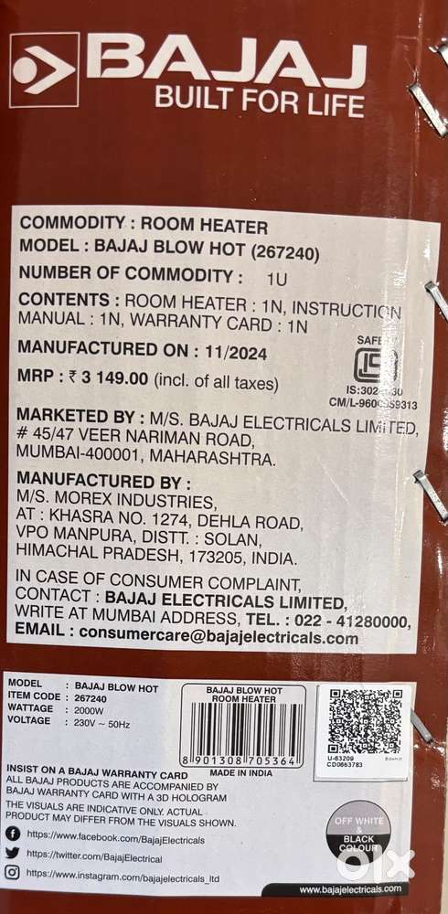 Bajaj Blow Hot Fan Room Heater 2000W