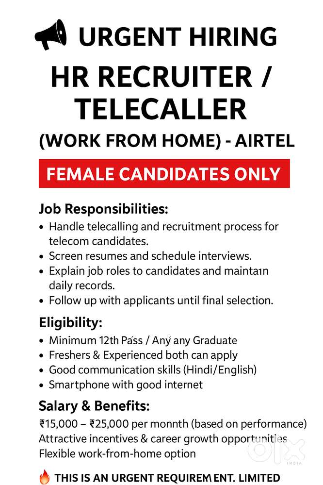 Immediate Openings – HR Recruiter / Telecaller (Female Only)