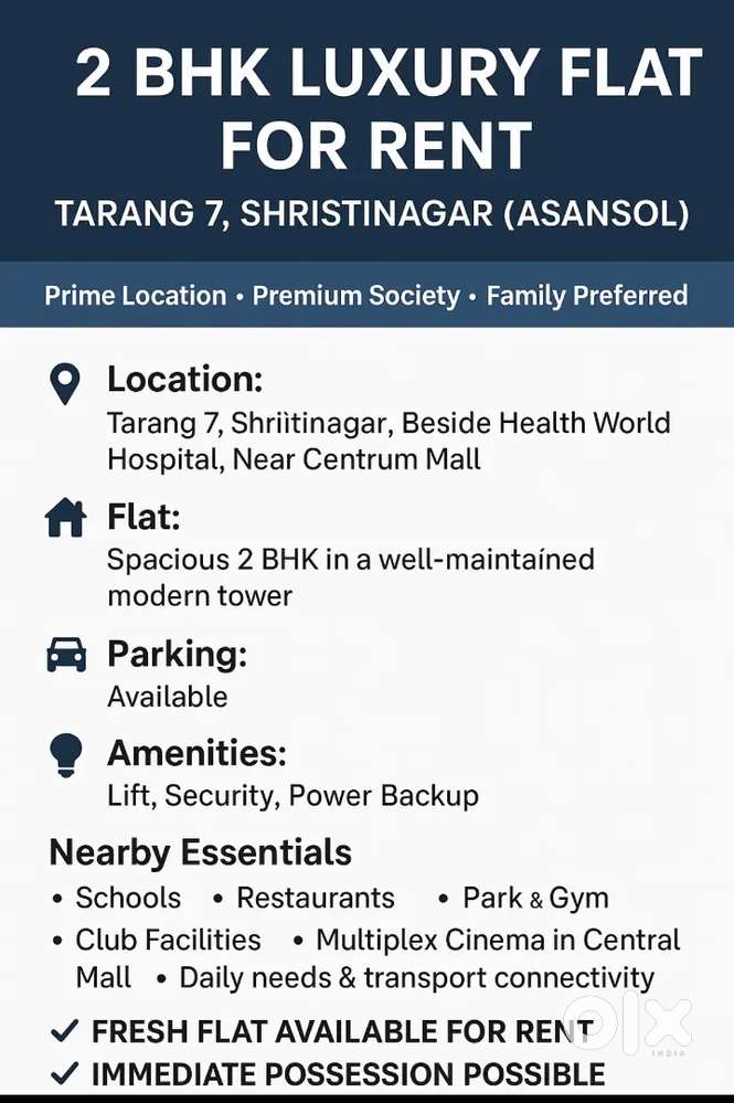 RENT LUXURY FLAT NEAR HEALTH WORLD ASANSOL