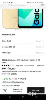 Samsung A 16 Ram 8Gb Storage 256 Gb Gold colour