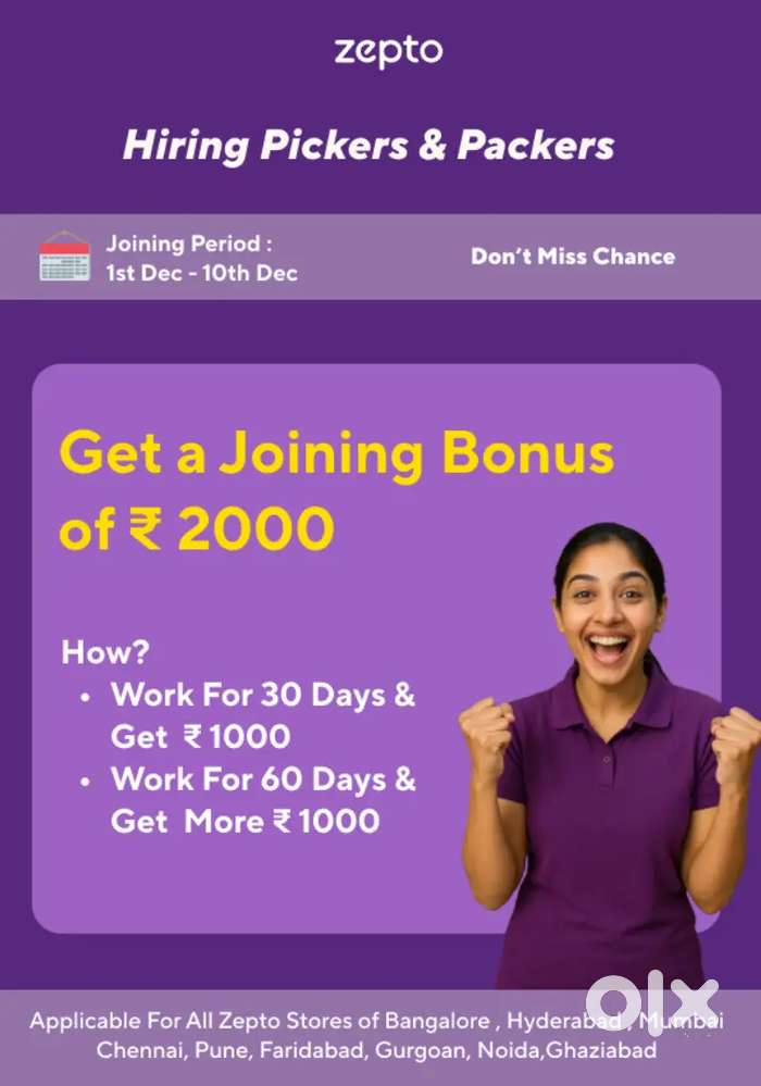 Female vacancy available for ZEPTO overall chennai