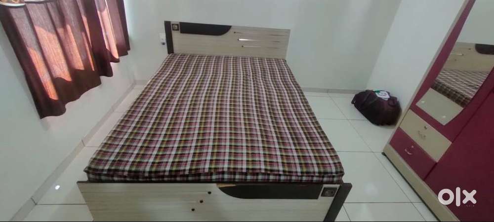 Wooden Double Bed, Mattress, Tipoy & Corner Storage Rack