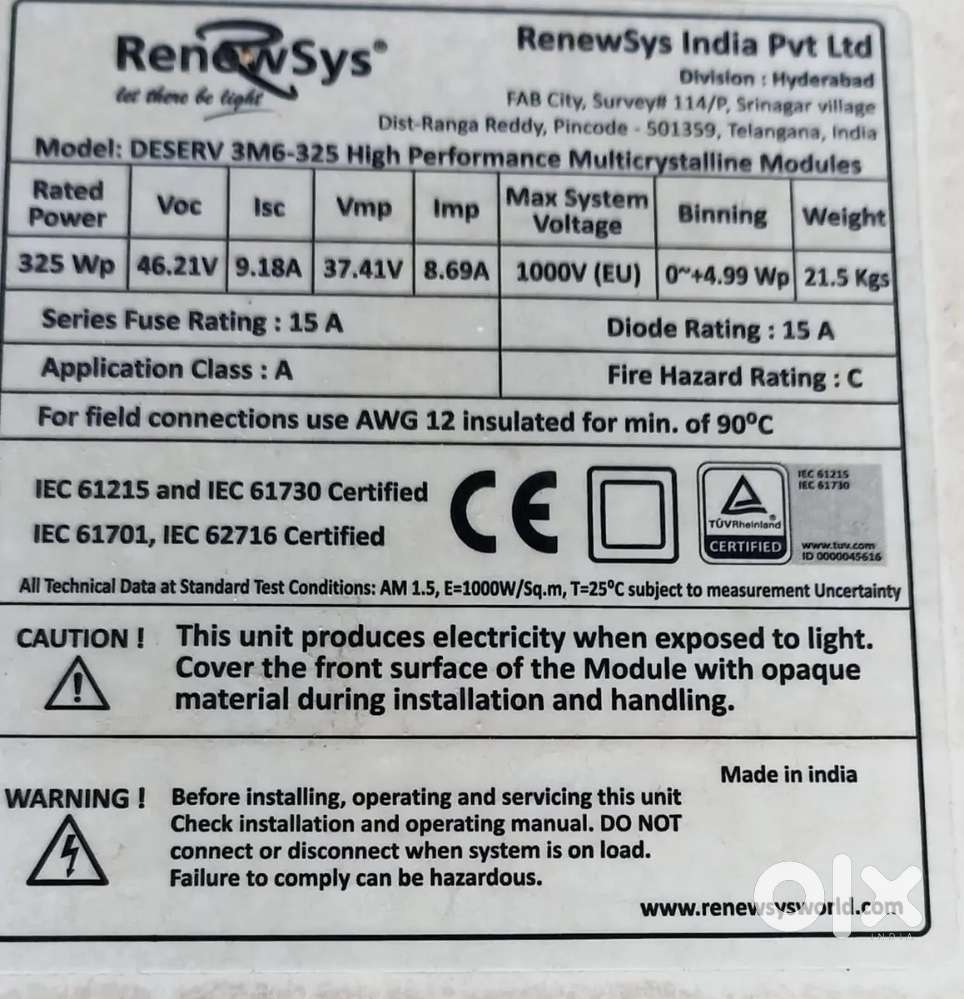 Solar panel 325w  46.21v