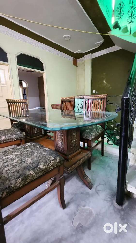Glass Top Dining table with 6 wooden chairs