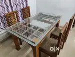 Wooden dining table glass top with 4 wooden chairs