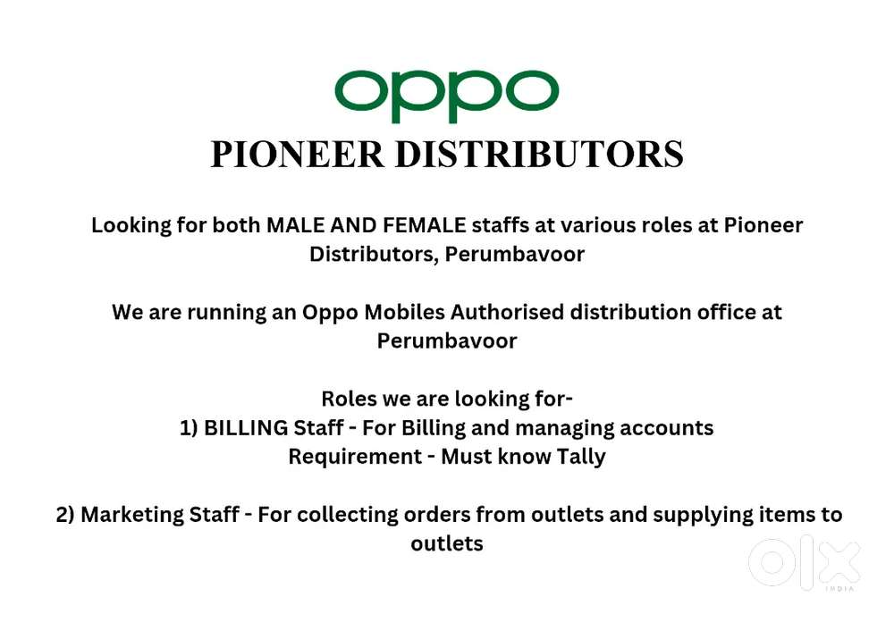 LOOKING FOR BILLING STAFF in OPPO Distribution office