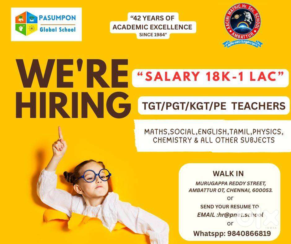 Wanted KGT,TGT,PGT, VP, PET, HOD for cbse school in Ambattur