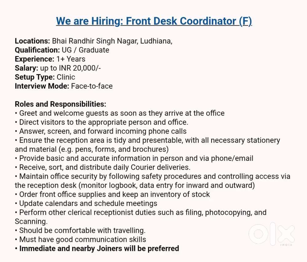We are Hiring for a Receptionist for Clinic