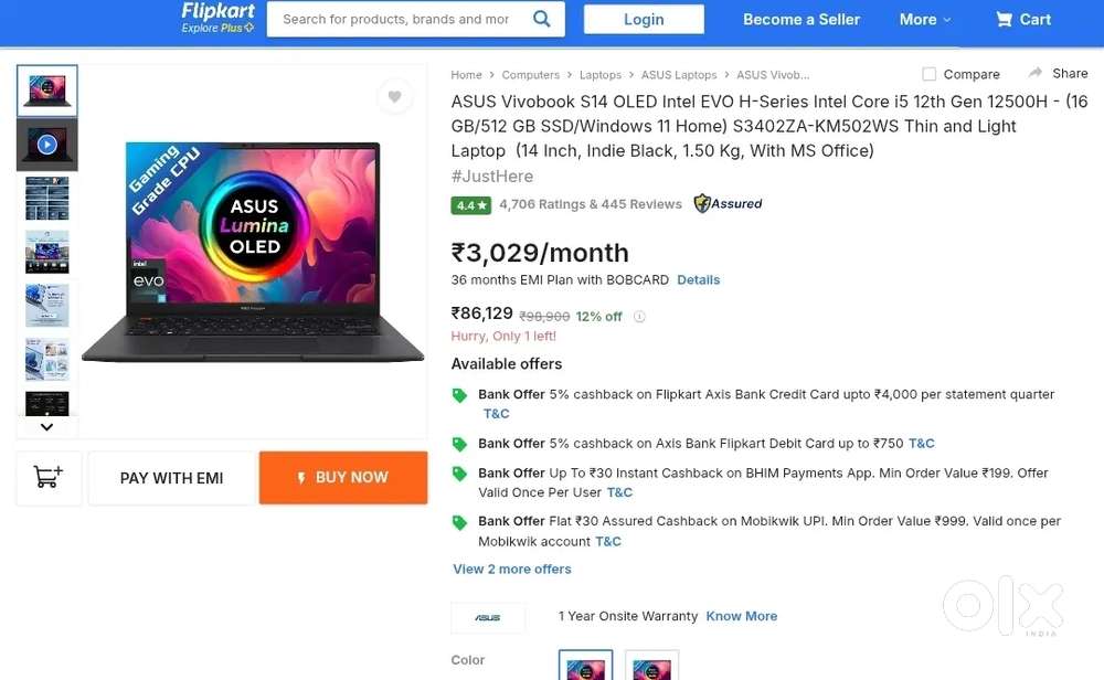 Asus s14 2.8k oled i5 12500h evo 16gb ddr4 ram 512gb nvme gen 4 ssd