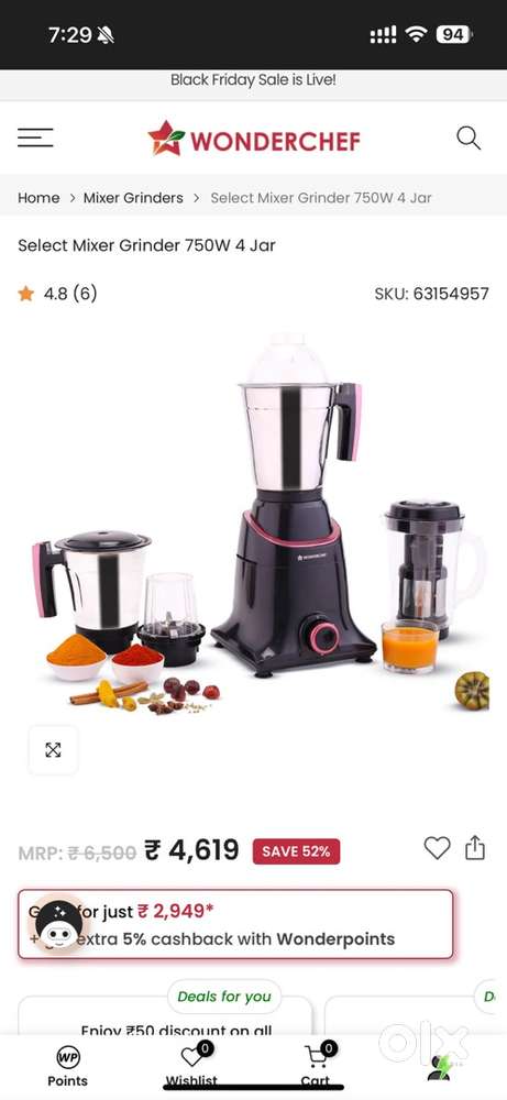 Brand New Wonderchef Select Mixer Grinder 750W 4 Jar for sale
