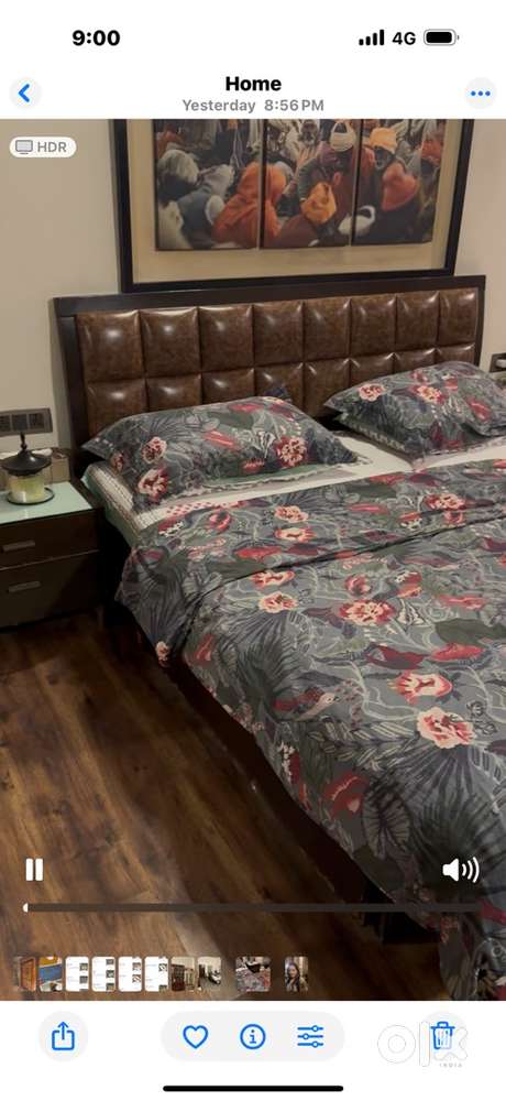 Wooden King bed with leather headboard and side tables