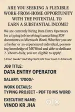 Job Opening - Remote Data Entry Executive (Work From Home)   Salary -