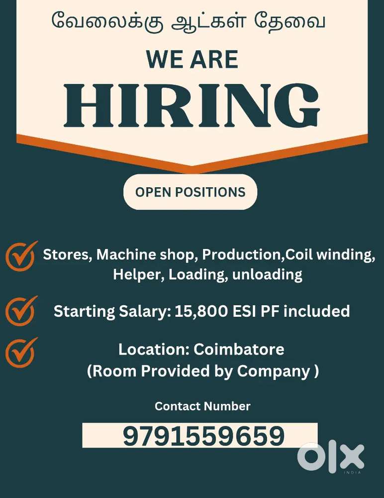 Stores,Helper, Production, Machine shop,Coil winding