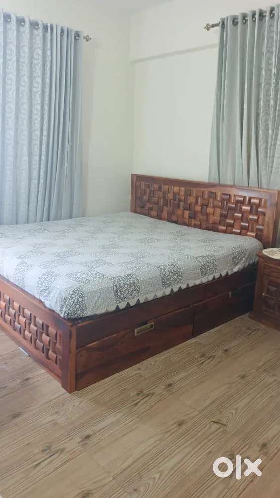 Tick wood bed with mattress and side table
