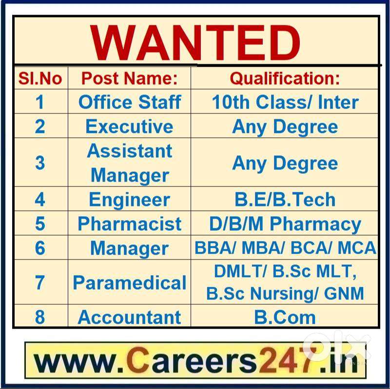 Wanted Office staff, Engineer, Pharmacist, Paramedical Staff Accountat
