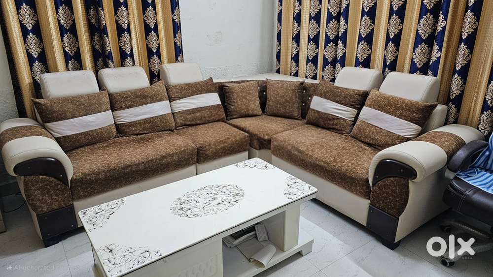 Luxury L-Shape Sofa Set with Designer Glass Coffee Table