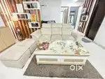 Selling almost new 3 seater Sofa with 2 Puffy and marble center table