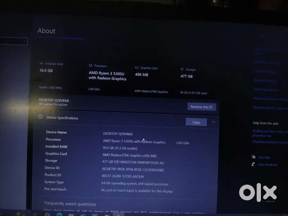 Hp laptop Ryzen 3 5300u 16gb ram 512gb M.2 nvme ssd