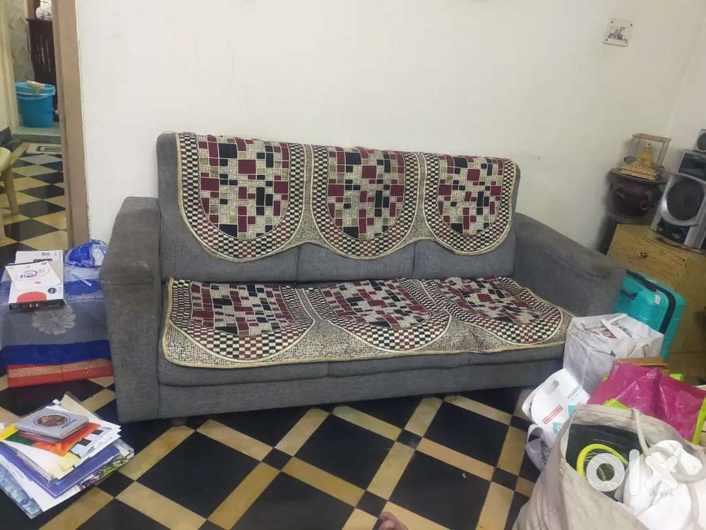 Sofa set 3+2, dining table with 6 chairs, teapoy, music system