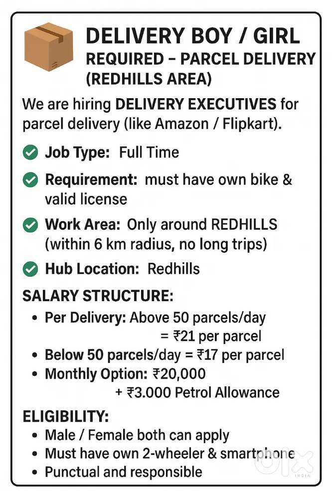 Delivery Job – Redhills (Parcel Delivery, Own Bike)