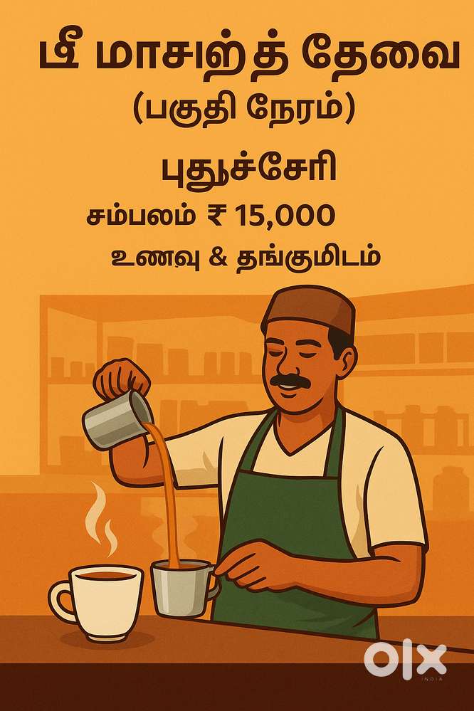 பகுதி நேர டீ மாஸ்டர் தேவை – புதுச்சேரி (₹15,000 + உணவு & தங்குமிடம்)