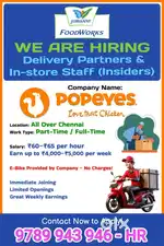 POPPEYES GUINDY FREE E-BIKE WEEKLY FIXED SALARY 4000₹-5000₹ + Weekoff