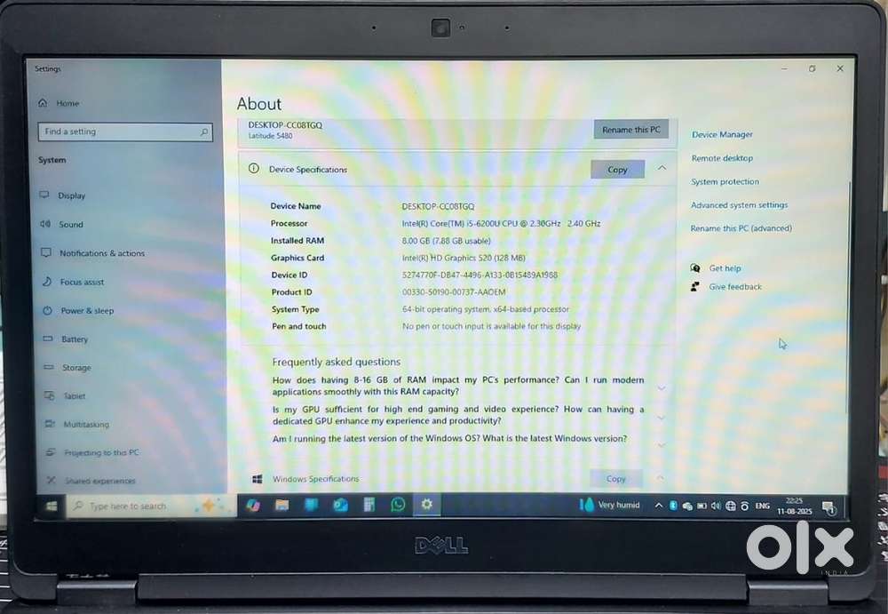 Dell 5480 core i5 6th generation 8gb ram,256 nvme,backlight keyboard.