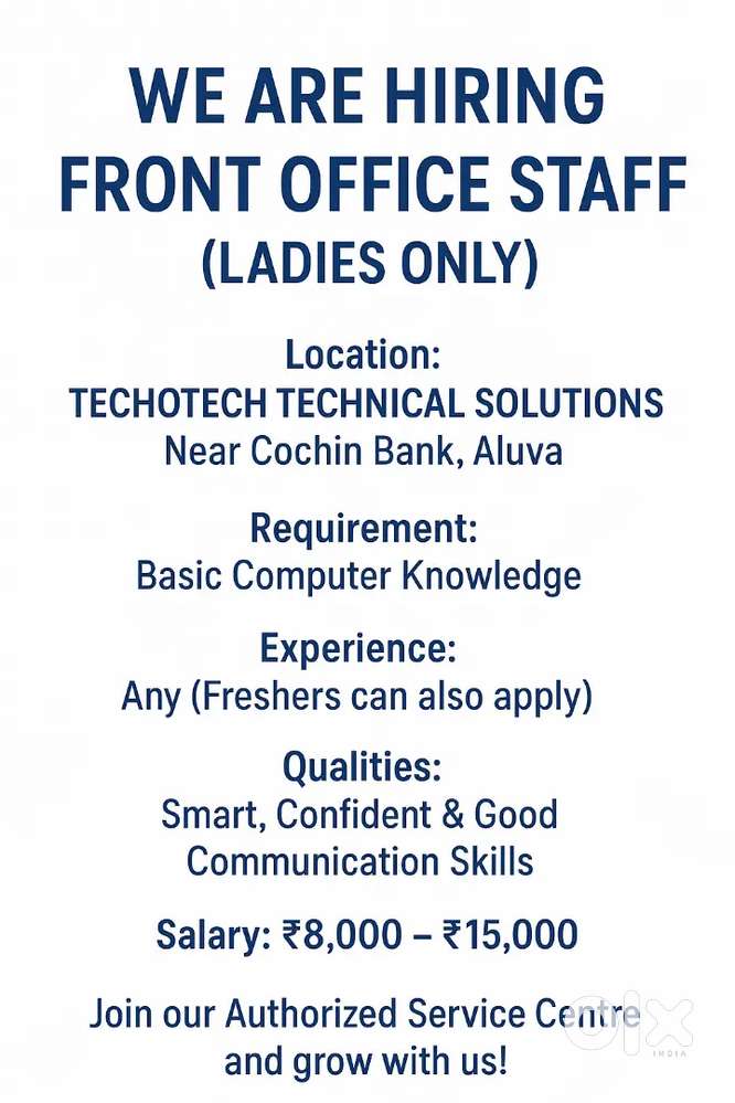 Job Vacancy – FRONT OFFICE STAFF (Ladies Only)