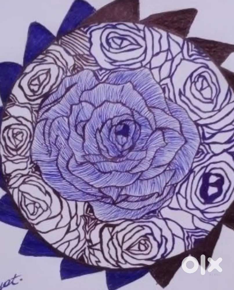 Sketch of flower  on black  pen and blue pen
