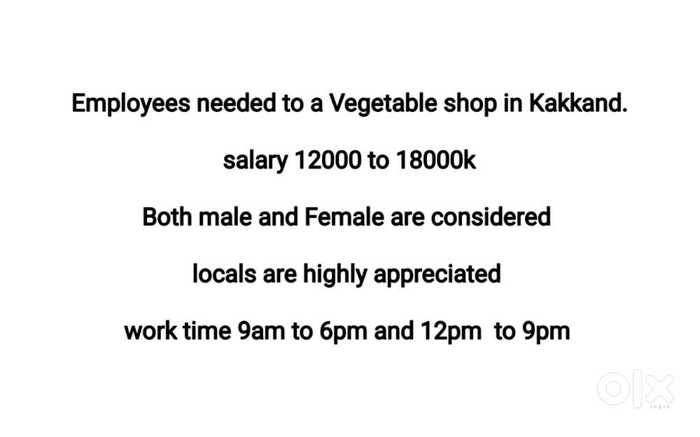 Need employees to Vegetable shop at Kakkanad athani