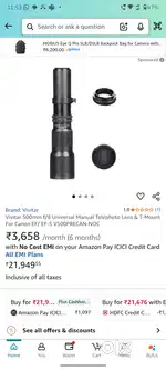 Vivitar 500mm f/8 Universal Manual Telephoto Lens & T-Mount For Canon