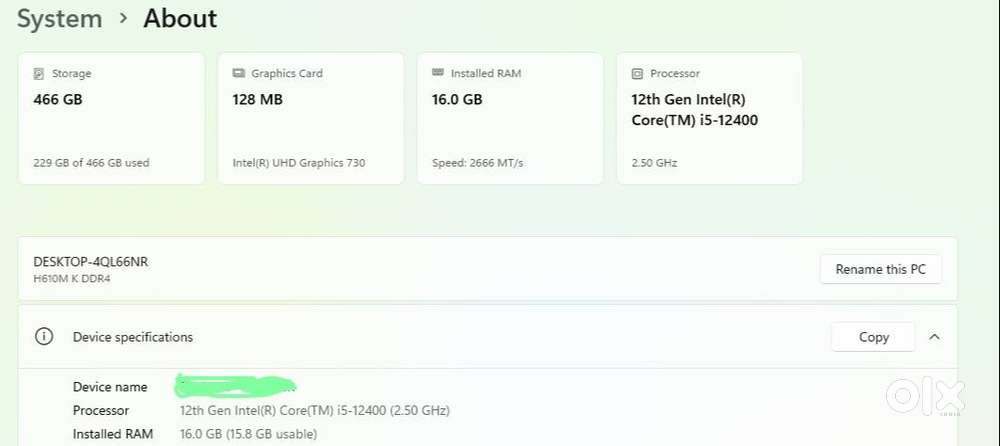 Gaming PC with intell I5 12400 processor, only 6 months old