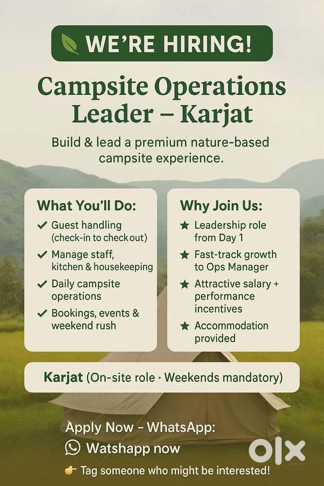 Hiring: Campsite Operations Leader - Karjat, Neral, Kashele