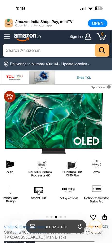 “Samsung 65” 163cm 4K UHD Smart TV Titan Black – ₹1,80,000”