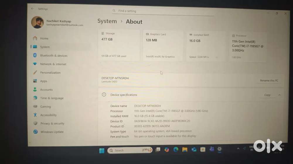 Dell i7 11 generation 477GB storage