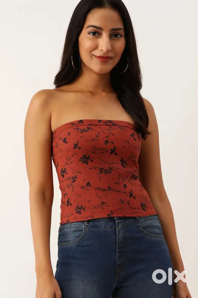 Floral Print Short Rust Tube Flirted Top