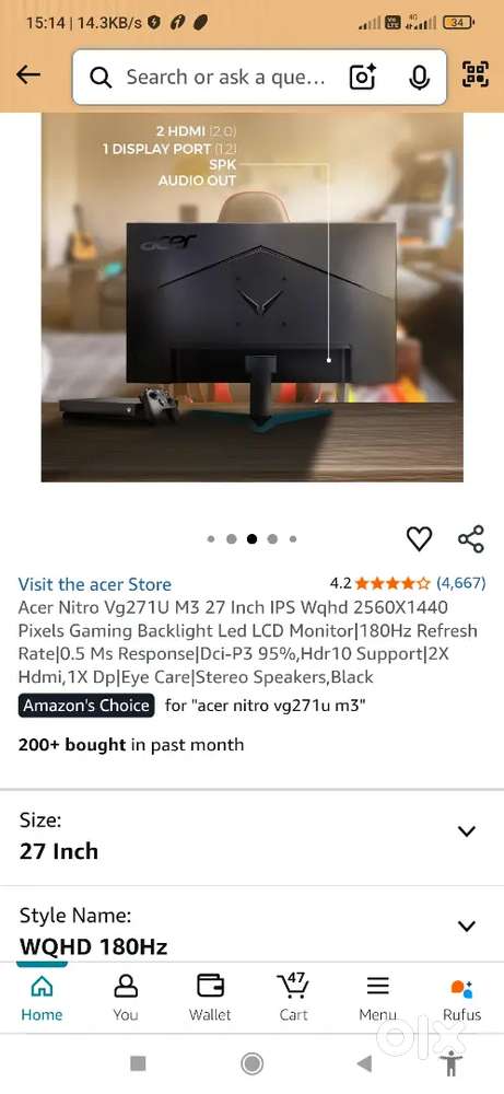 Acer vg271u m3 27inch 2k 180hz ips negotiable