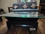 One year old 3 seater sofa, 2 wooden chairs and centre table