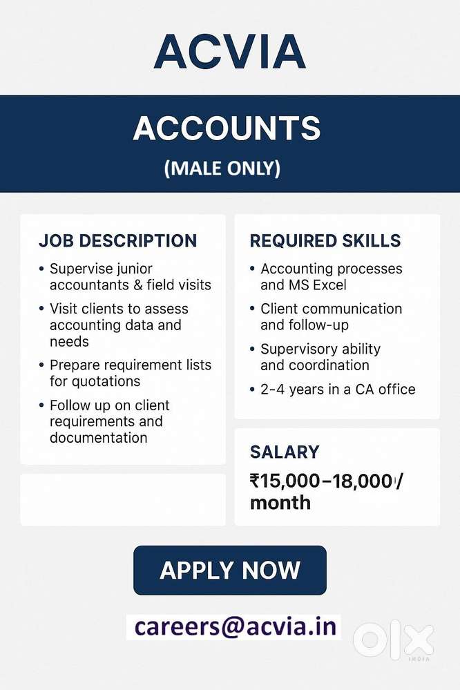 Accountant (CA Exp Min -2 yrs,Male,2 wheel Licence)