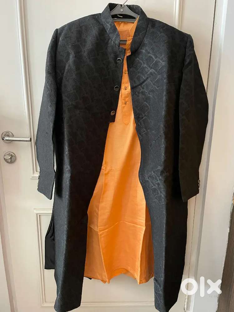 Black Textured Sherwani with Orange Kurta  Perfect Wedding Outfit