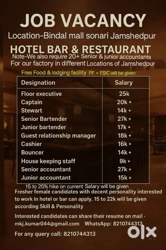 Staff all positions in our hotel. (Also 20+accountant for jamshedpur)