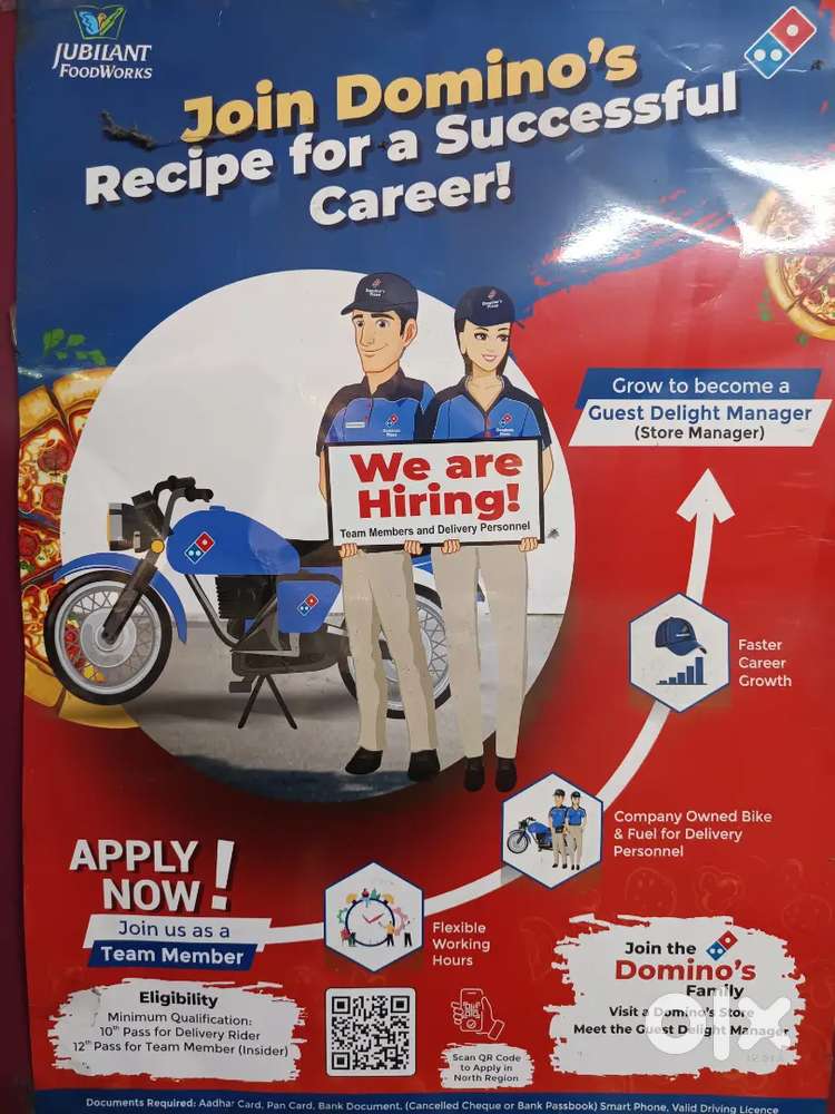 We are hiring Domino's delivery partner with compony bike and fule