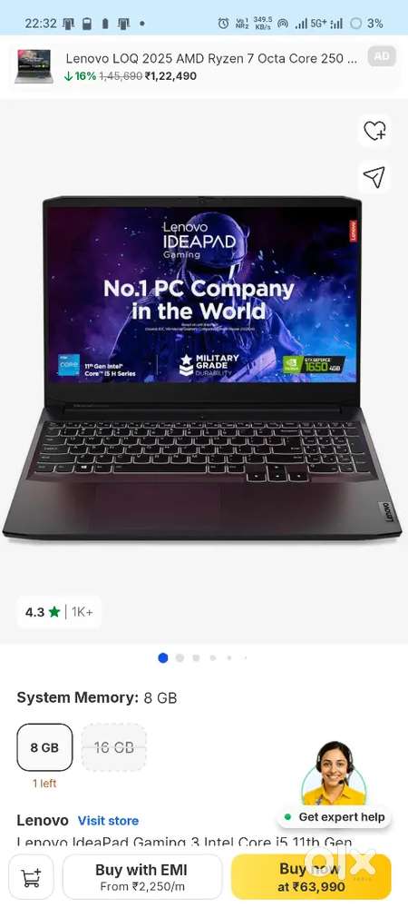 Lenovo IdeaPad Gaming 3 Intel Core i5 11th Gen  Gaming Laptop