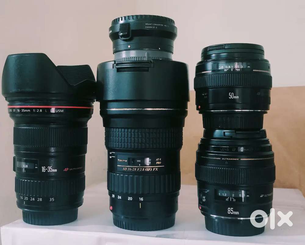 CANON LENS 16-35 f2.8, CANON 50 f1.4, CANON 85 f1.8, TOKINA 16-28 f2.8